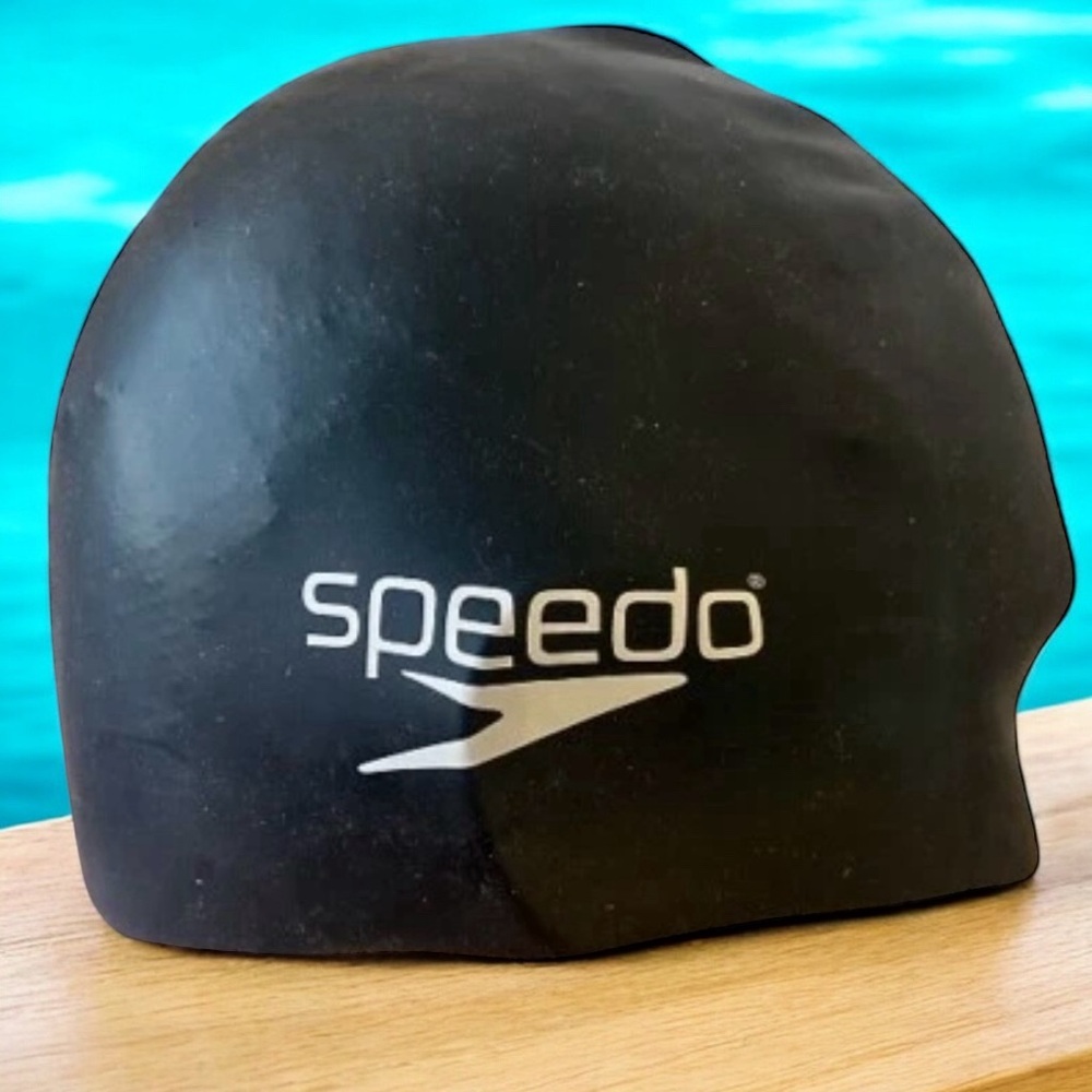 SPEEDO Vintage Swim Cap STRAPLESS Black Logo New Old Stock